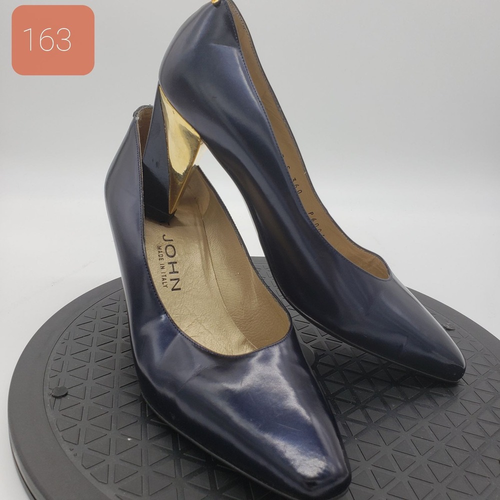 St. John Navy Leather Square Toe Pumps Gold Sculptural Block Heel Made in Italy